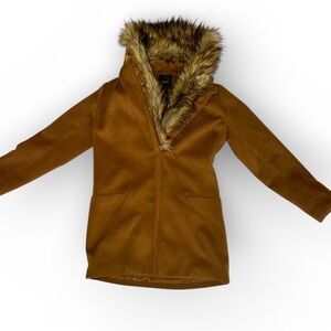 Forever 21 Women’s Brown Faux Fur Collar Coat Longline Winter Jacket Size Small